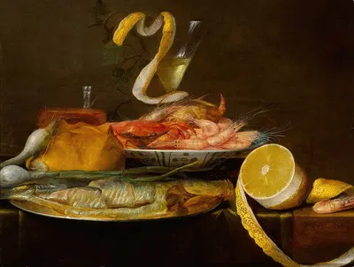 Tabletop still life, including a herring on a pewter dish, a porcelain bowl of shrimp, a wine glass, and a partially-peeled…