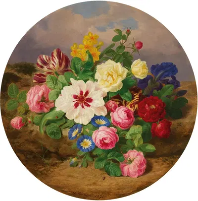 A Bouquet of Roses, Tulips and Narcissus on Sandy Ground by Josef Lauer, 1871 — digital art print download