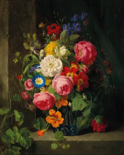 A Large Bouquet of Flowers with Roses, Nasturtium and Butterflies by Josef Lauer — digital art print download