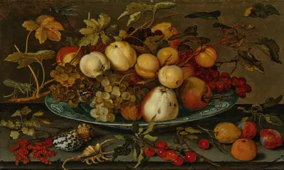 Grapes, peaches, apples and plums in a wan-li bowl on a ledge, with shells, a grasshopper and other fruit by Balthasar van…