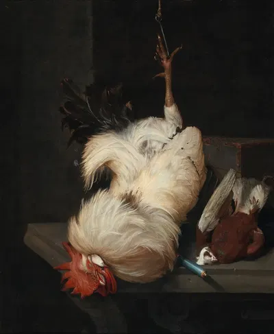 A white cockerel and a pigeon on a stone table by Nicolaes van Gelder — digital art print download