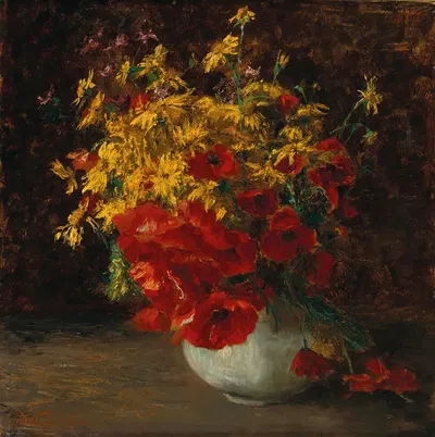 Bouquet of Forest Flowers, Poppies and Yellow Daisies in a vase by Ольга Визингер-Флориан — digital art print download