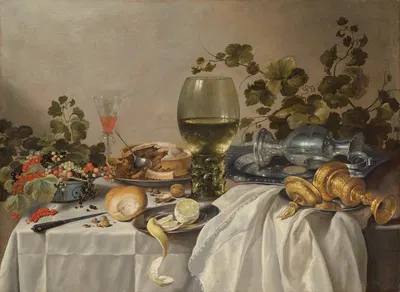 Ontbijt of silver and glassware on a draped table, with vines, fruits and baked goods by Pieter Claesz, 1639 — digital art…