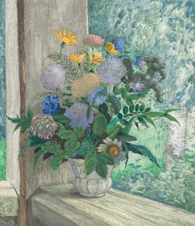 Still life with chrysanthemums, bellflowers, cornflowers and daisies in a white vase by Сергей Чехонин, 1926 — digital art…