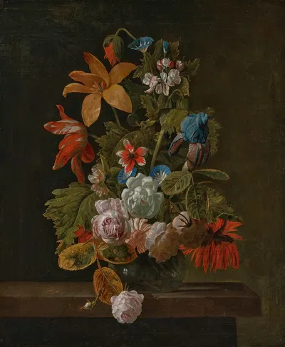 Tulips, roses, an iris and various flowers in a glass vase on a stone ledge by Симон Верелст — digital art print download