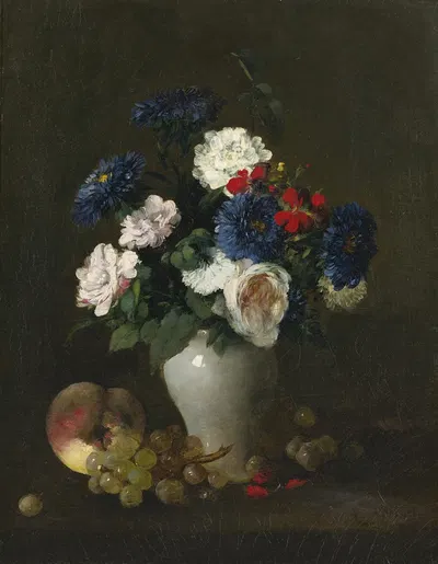 Assorted Flowers in a Vase with Grapes and a Peach on a Table by Антуан Вольон — digital art print download