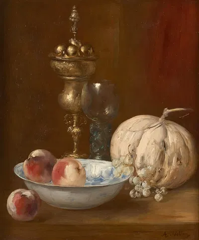 Melon, coupe de fruits et pièce d'orfèvrerie sur un entablement by Антуан Вольон — digital art print download
