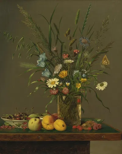 Flowers in a Glass Vase and an Arrangement of Fruit by Anton Hartinger, 1837 — digital art print download