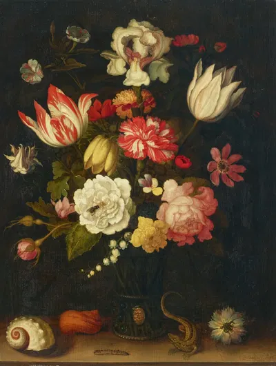 Tulips, carnations, roses and other flowers in a roemer with shells and a lizard on a ledge by Balthasar van der Ast —…