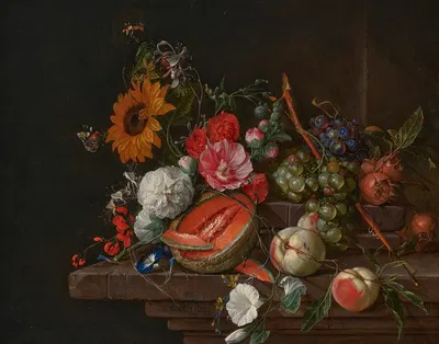 A melon, peaches, grapes, medlars, sunflowers, roses, peonies and other flowers with butterflies and other insects on a…