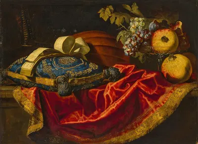 A mandolin with a book of music on a blue and gold cushion, with fruit on a partially draped ledge by FRANCESCO FIERAVINO —…