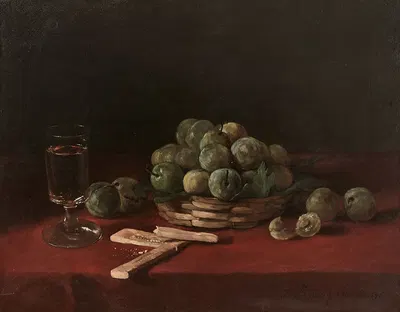 Composition au panier de reines-claudes, aux biscuits et au verre de vin by Франсуа Бонвен — digital art print download