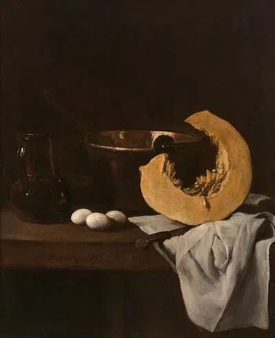 Oeufs, quartier de potiron et bassine de cuivre sur un entablement by Франсуа Бонвен — digital art print download