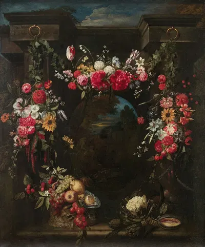Guirlande de fleurs, fruits et légumes entourant un paysage avec un dieu fleuve by Frans Ykens — digital art print download