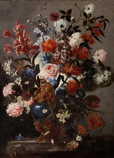A still life of roses, tulips and other flowers in a vase by Franz Werner von Tamm — digital art print download