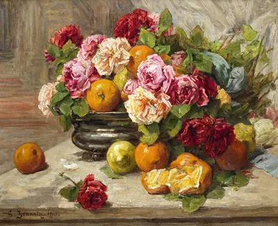 Still life of roses and fruit by Жорж Жаннин — digital art print download