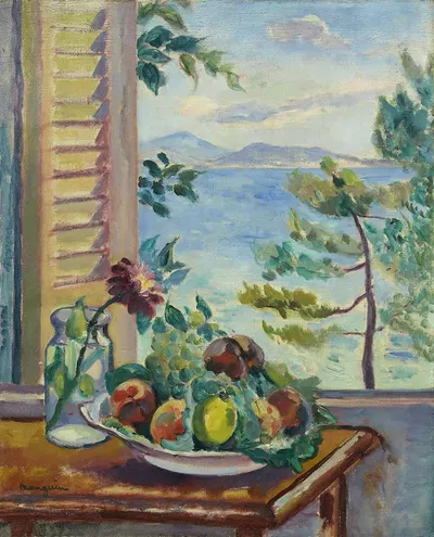 Pêches et raisins à la fenêtre by Анри Мангин, 1920 — digital art print download
