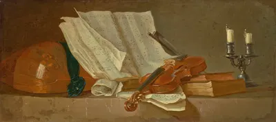 A musical score on a reading stand, a violin and a bow, a lute, a candlestick and books on a ledge by Henri-Horace Roland…