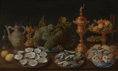 Still life with oysters, fruit, sweets and costly vessels by Jacob Foppens van Es, 1619 — digital art print download