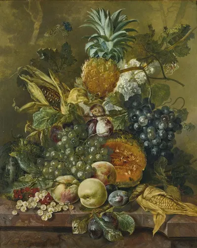 A pineapple, plums, grapes and other fruit with corn on a marble ledge by Jacobus Linthorst — digital art print download