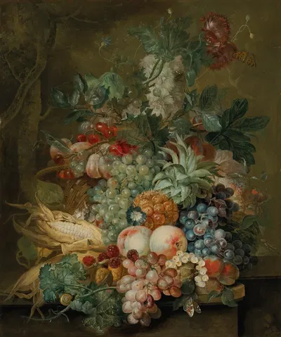 Grapes, peaches, sweetcorn, a pineapple, poppies and other fruit and flowers in a wicker basket on a ledge by Jacobus…