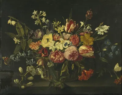 Still life of flowers in a basket by Jan Philips van Thielen, 1650 — digital art print download