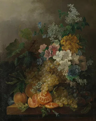 A still life with flowers, peaches, grapes and a peeled orange, all resting on a table by Jan Van Der Waarden — digital art…