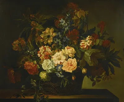 Dahlias, Tulips, Honeysuckle and other flowers in a basket on a table by Jean-Baptiste Monnoyer — digital art print download