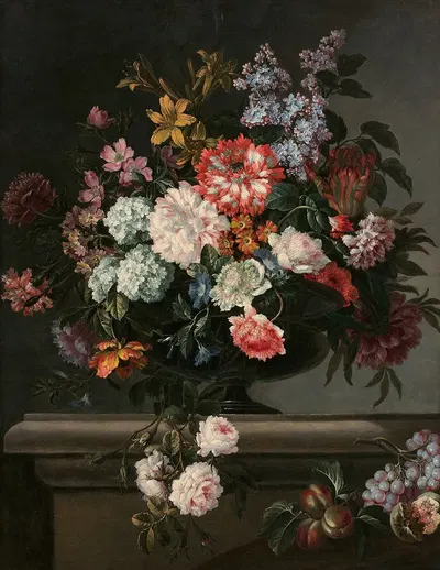 Vase de fleurs et fruits sur un entablement by Jean-Baptiste Monnoyer — digital art print download