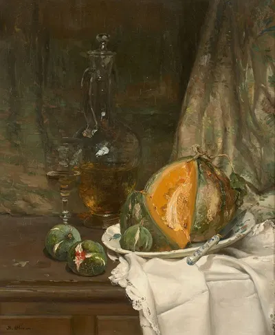 Nature morte au melon, aux figues et à la carafe by Жан-Батист Олив — digital art print download