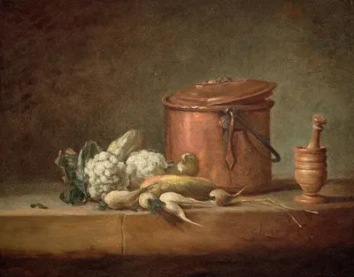 Marmite de cuivre, choux-fleurs et égrugeoir avec son pilon sur un entablement by Жан Симон Шарден — digital art print…
