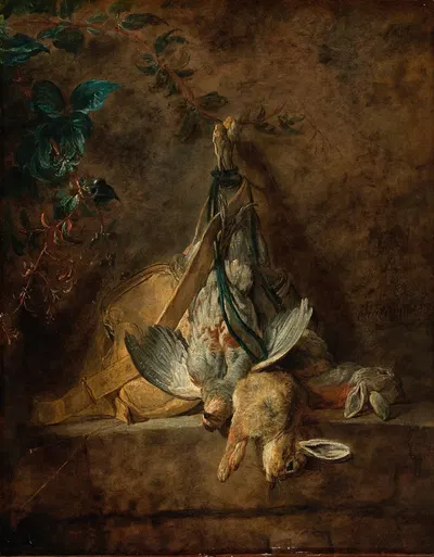 A Still Life; Two Rabbits, a Grey Partridge, Game Bag and a Powder Flask by Жан Симон Шарден, 1731 — digital art print…
