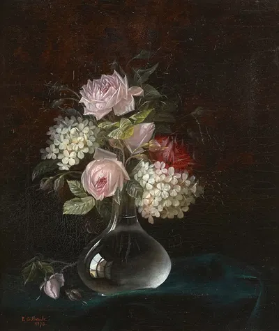 Bouquet de fleurs dans un vase en verre reflétant la fenêtre de l'atelier de l'artiste by Joseph-Eugène Gilbault — digital…