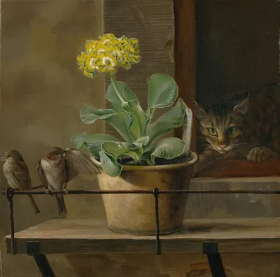 Still life with a primrose in a flowerpot, a cat and two sparrows by Martinus Rørbye, 1823 — digital art print download
