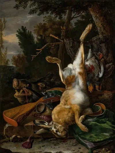 A game still life with a hung hare, a boar's head and a musket in a landscape by Мельхиор д'Ондекайтер, 1668 — digital art…