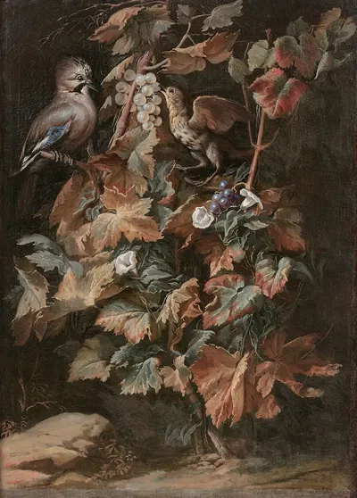 Geai et étourneau sur un pied de vigne entouré de liseron by Nicola van Houbraken — digital art print download