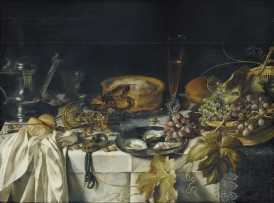 Nature morte au mince pie, panier de raisins, pichet en étain et montre by Pieter Claesz — digital art print download