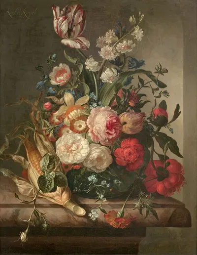 Vase de fleurs et épis de maïs dans une niche by Rachel Ruysch — digital art print download