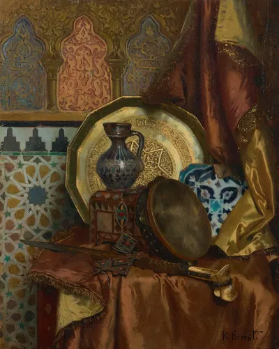 A Tambourine, Knife, Turkish Box, Turkish Jug, Moroccan Tile and Plate on a Satin Covered Table by Рудольф Эрнст — digital…