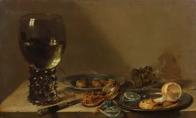 A large roemer, a silver knife, a gold pocket watch with blue ribbon, a pewter plate with a peeled lemon, with other…