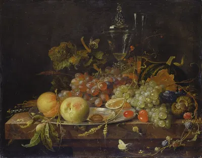Still Life with Fruit, Tin Plate and Wine Glasses by Abraham Mignon — digital art print download