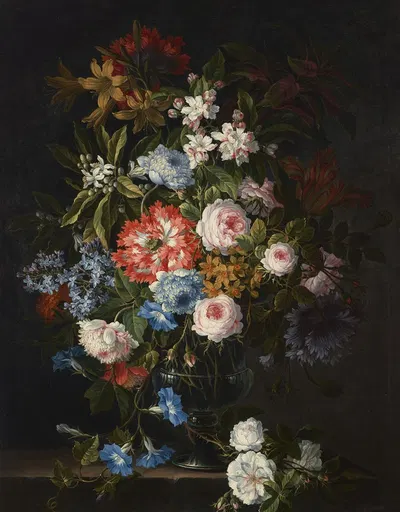 Roses, lilies, tulips, daffodils, morning glories and other flowers in a glass vase on a stone ledge by Antoine Monnoyer —…