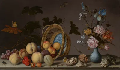 A still life with flowers in a porcelain vase, seashells and an overturned basket of fruit by Balthasar van der Ast —…
