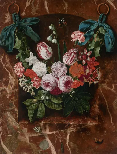 A garland of tulips, roses, lilies of the valley and other flowers, suspended from blue ribbons before a marble alcove with…
