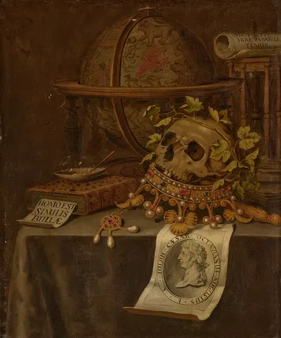 A skull atop a jewelled crown, an astrological globe, an hourglass, a book, a shell with soap bubbles and an engraved…