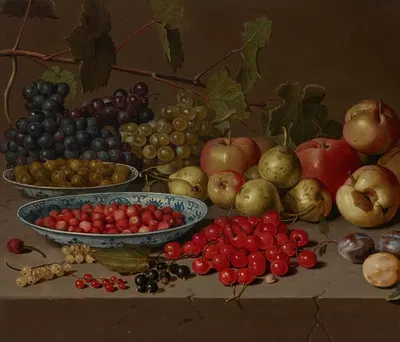 Plates of cherries and wild strawberries, with grapes, apples, pears, plums and other fruits on a stone ledge by Floris van…