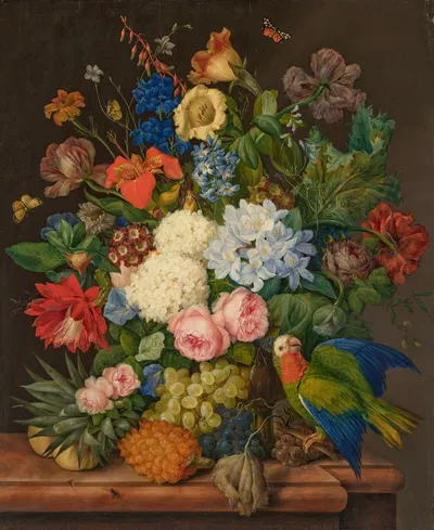 Viburnum Oculus, Roses, Plumbago, Primula Auricula, Hemerocallis, Companula, Chinadoxia and Epiphyllum on a ledge with a…