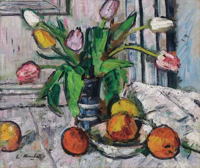 Tulips in a blue vase by Джордж Лесли Хантер — digital art print download