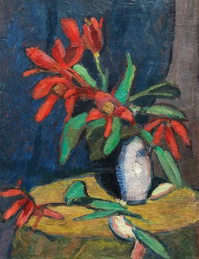 Rote Blumen in weißem Krug by Hermann Stenner, 1911 — digital art print download