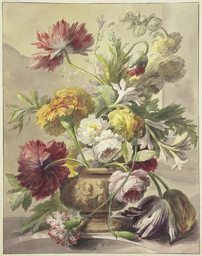 Blumenstrauß in einer Vase mit Basrelief von Mohn, Rosen, Tulpen, quer über der Vase hängt eine geknickte Nelke by J. H.…